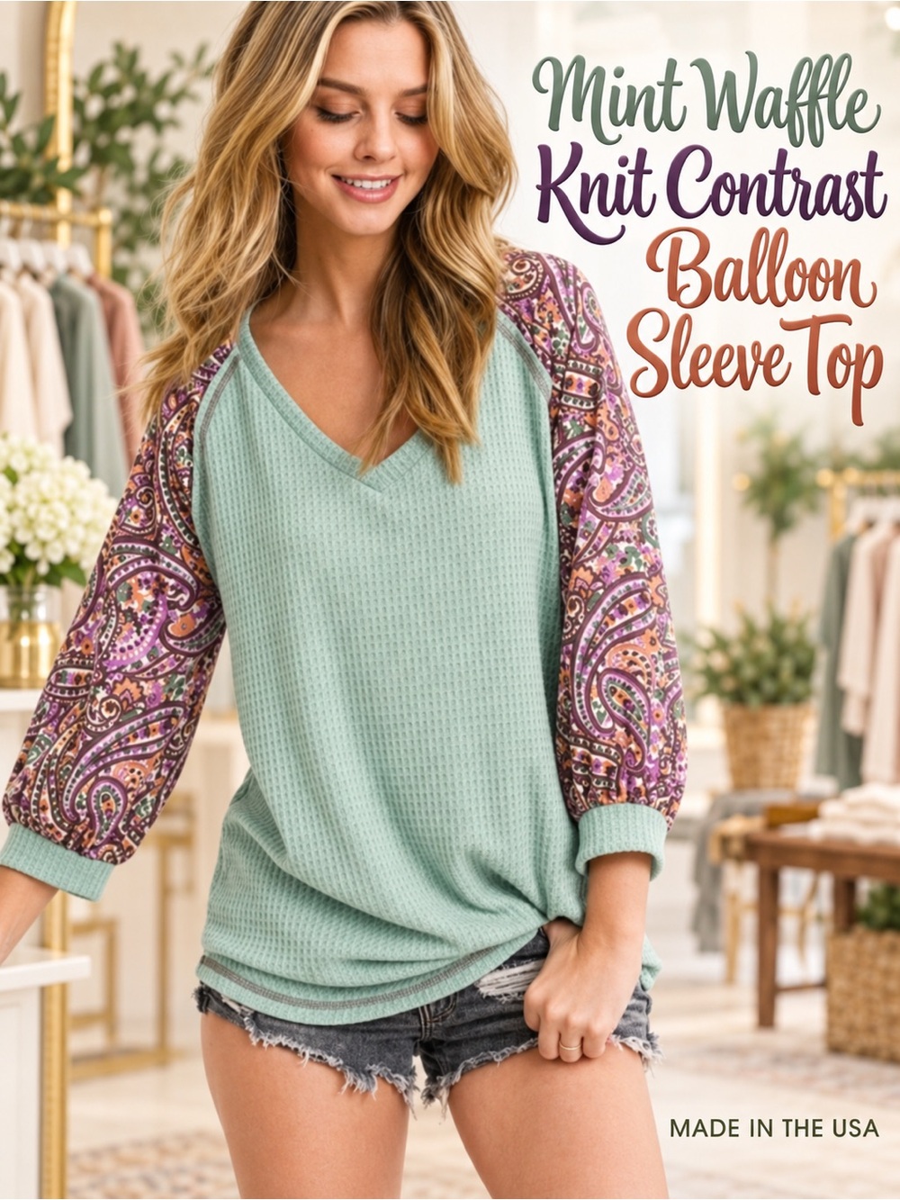 Mint Waffle Knit Contrast Ballon Sleeve Top NEW